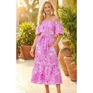 Lilly Pulitzer Isbell Off Shoulder Linen Midi Dress Pockets Wild Fuchsia NWT M
